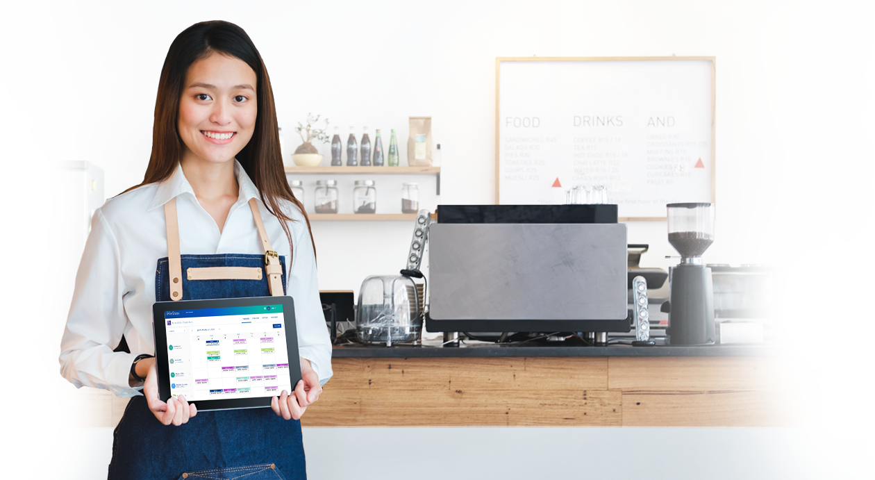 illustration of two managers moving colored shift blocks on a big calendar with a functioning restaurant working in the background